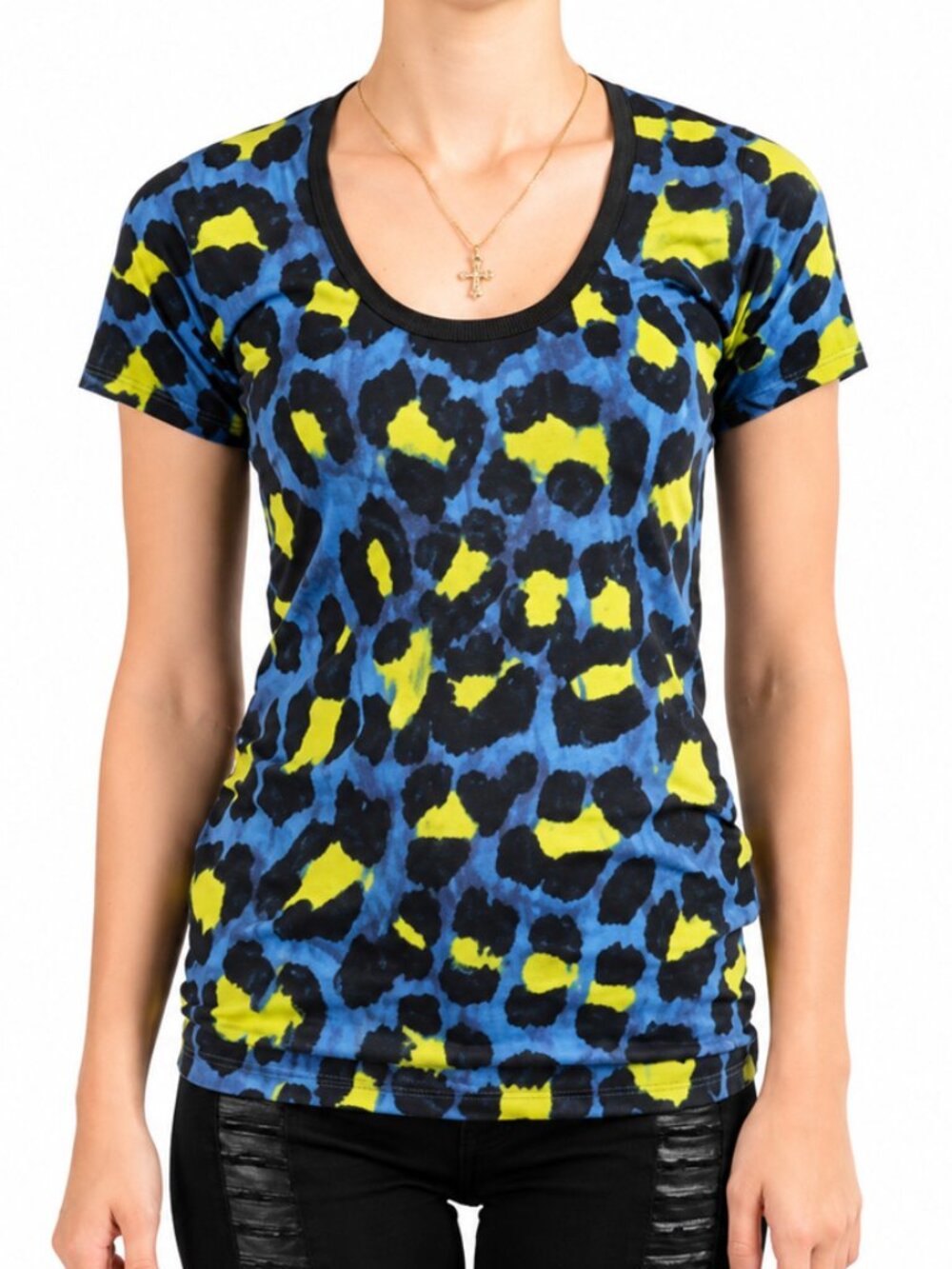 Just Cavalli Leopard Blue Yellow Stretch Knit Blouse Size S